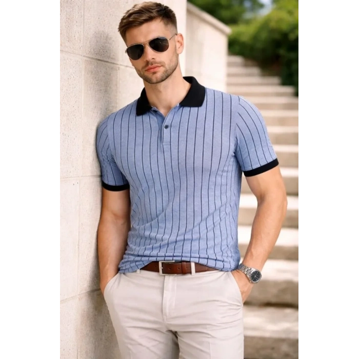 Erkek Polo Yaka Çizgili Tişört Kısa Kol Düğmeli Yazlık T-Shirt - Bebek Mavisi