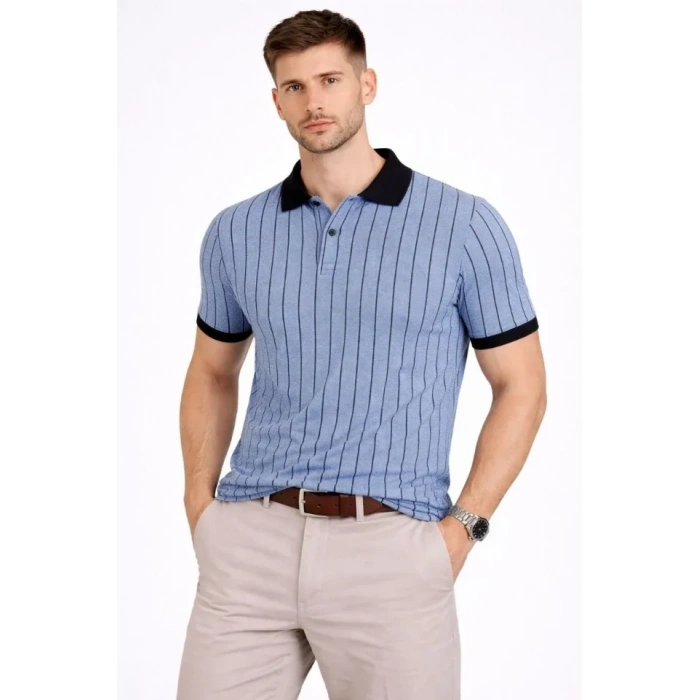 Erkek Polo Yaka Çizgili Tişört Kısa Kol Düğmeli Yazlık T-Shirt - Bebek Mavisi