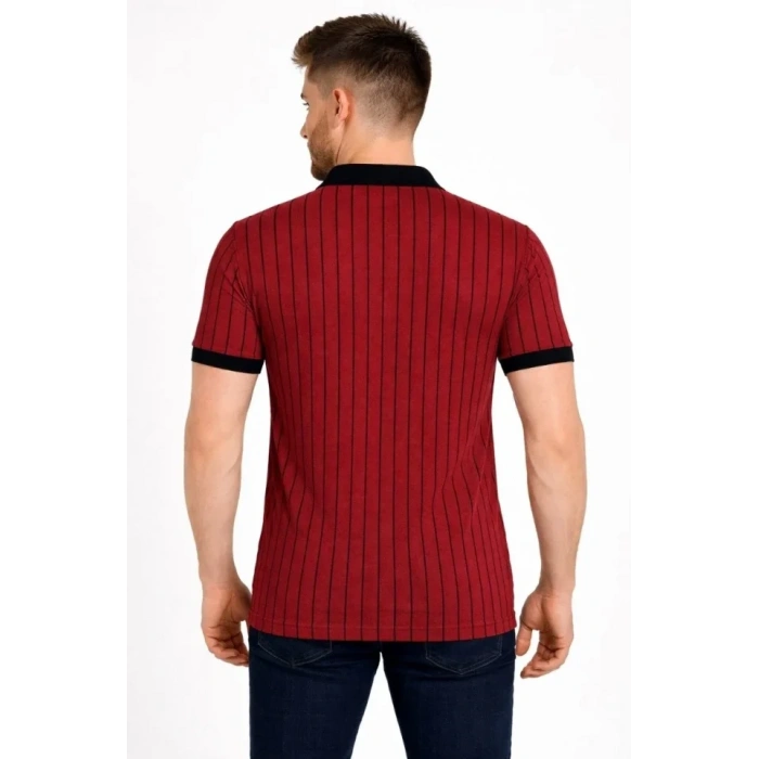Erkek Polo Yaka Çizgili Tişört Kısa Kol Düğmeli Yazlık T-Shirt - Bordo