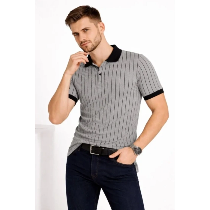 Erkek Polo Yaka Çizgili Tişört Kısa Kol Düğmeli Yazlık T-Shirt - Gri