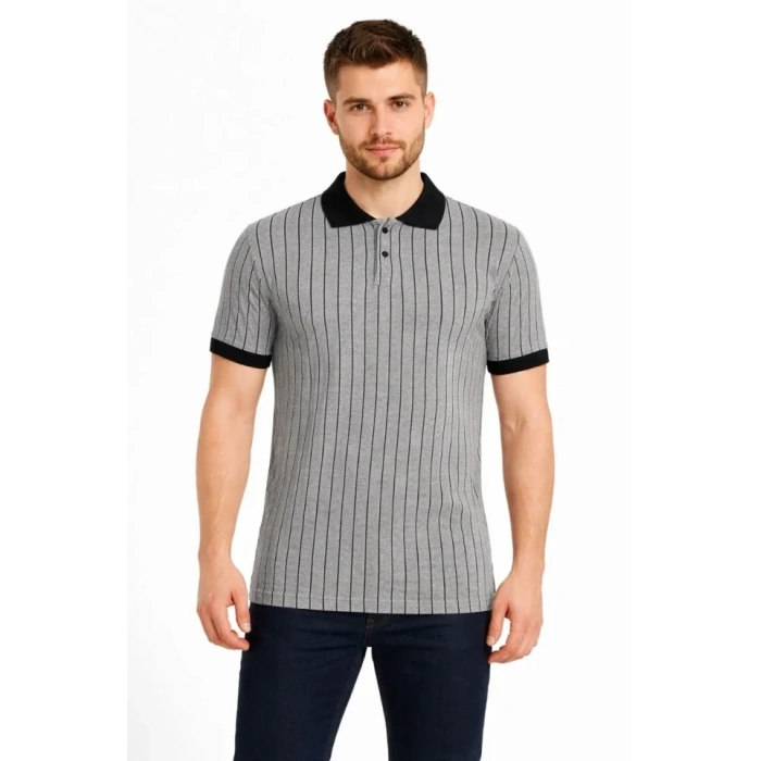 Erkek Polo Yaka Çizgili Tişört Kısa Kol Düğmeli Yazlık T-Shirt - Gri