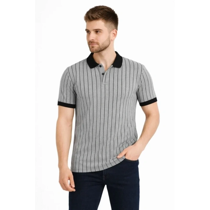 Erkek Polo Yaka Çizgili Tişört Kısa Kol Düğmeli Yazlık T-Shirt - Gri