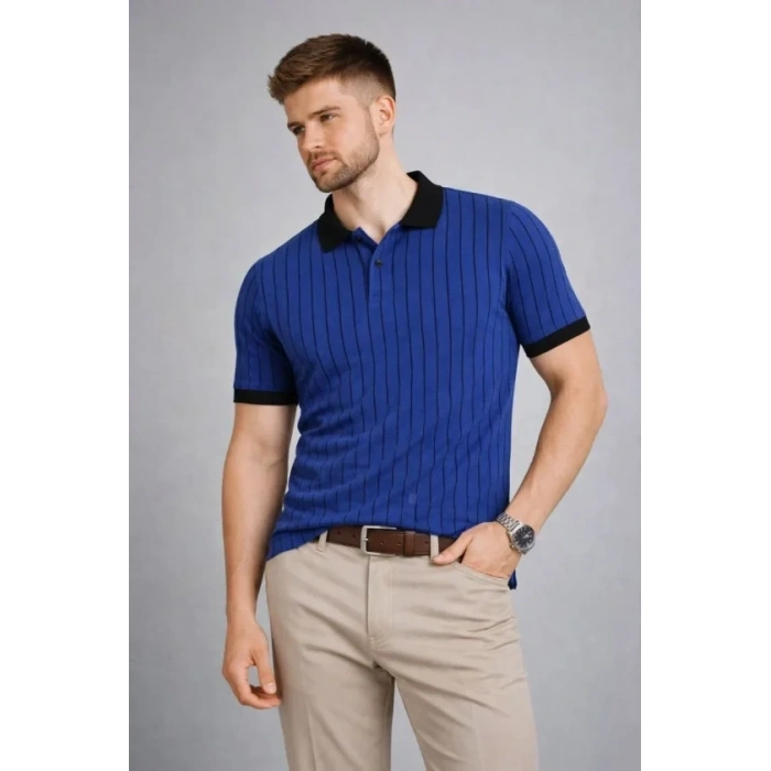 Erkek Polo Yaka Çizgili Tişört Kısa Kol Düğmeli Yazlık T-Shirt - Saks Mavisi