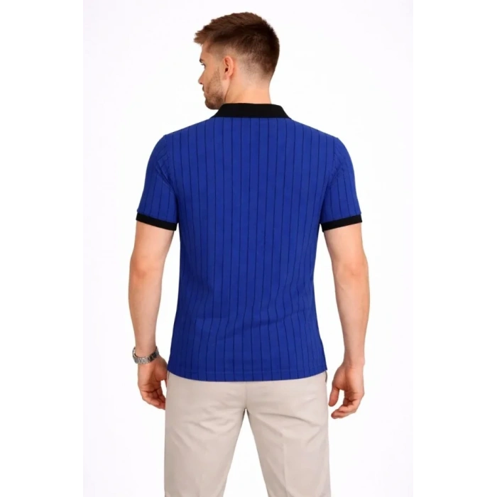 Erkek Polo Yaka Çizgili Tişört Kısa Kol Düğmeli Yazlık T-Shirt - Saks Mavisi