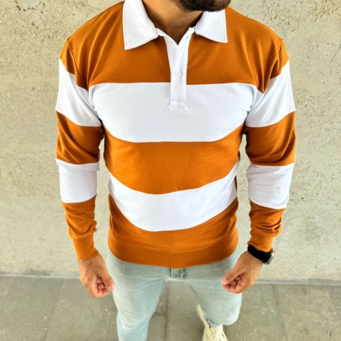 Erkek Polo Yaka Uzun Kollu Çizgili Sweatshirt Trend Rugby Stil - Turuncu