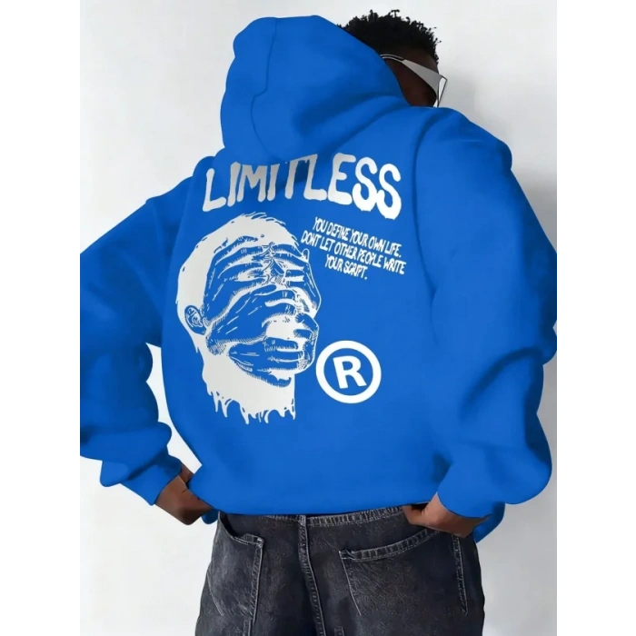 Erkek Premium Baskılı Kapşonlu Sweatshirt Üç İplik İçi Pamuklu Kanguru Cepli - Saks Mavisi