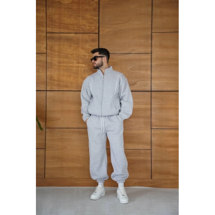 Erkek Premium Parçalı Eşofman Takım - Dik Yaka Fermuarlı Biyeli Sweatshirt Lastik Paça Alt, Oversize 3 Iplik Şardonlu - Gri