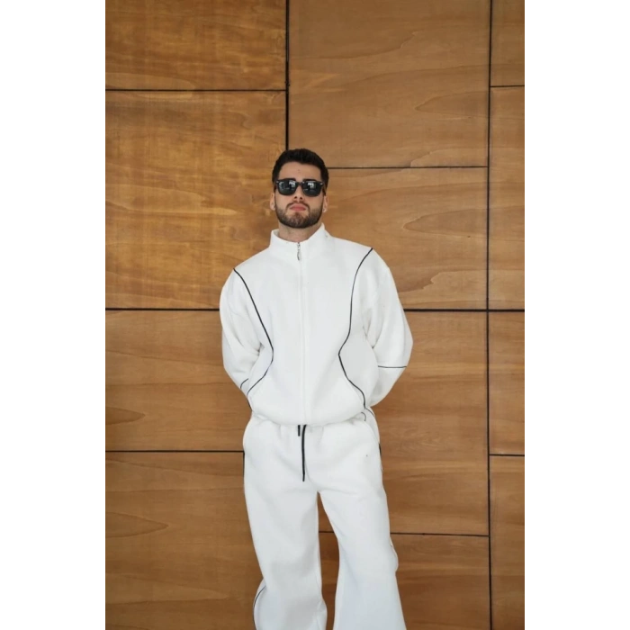 Erkek Premium Parçalı Eşofman Takım - Dik Yaka Fermuarlı Biyeli Sweatshirt Lastik Paça Alt, Oversize 3 Iplik Şardonlu - Beyaz