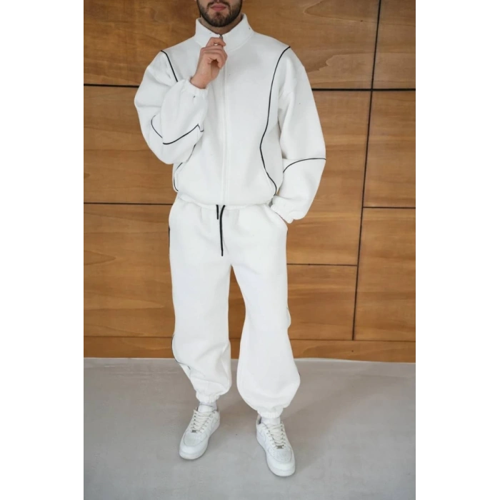 Erkek Premium Parçalı Eşofman Takım - Dik Yaka Fermuarlı Biyeli Sweatshirt Lastik Paça Alt, Oversize 3 Iplik Şardonlu - Beyaz