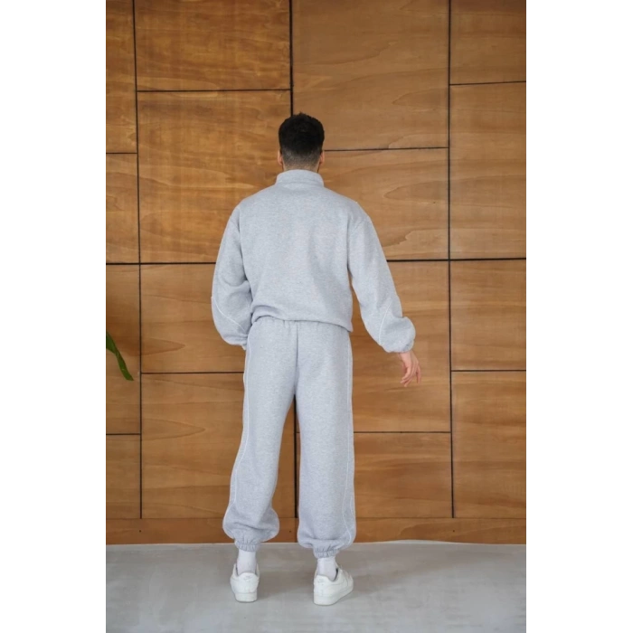 Erkek Premium Parçalı Eşofman Takım - Dik Yaka Fermuarlı Biyeli Sweatshirt Lastik Paça Alt, Oversize 3 Iplik Şardonlu - Gri