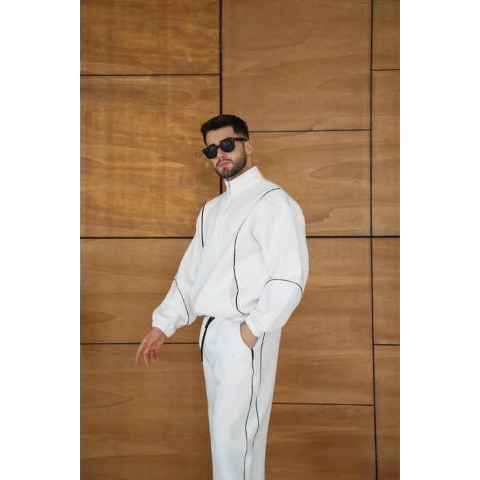 Erkek Premium Parçalı Eşofman Takım - Dik Yaka Fermuarlı Biyeli Sweatshirt Lastik Paça Alt, Oversize 3 Iplik Şardonlu - Beyaz