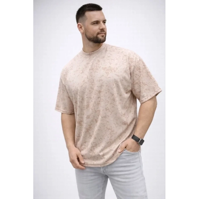 Erkek Premium Tişört OSY Yumuşak Dokulu Yıkamalı Oversize T-Shirt - Bej