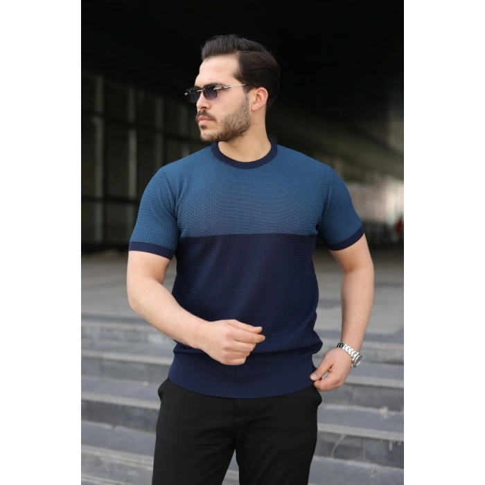 Erkek Renk Bloklu Bisiklet Yaka Kısa Kollu Triko Tişört