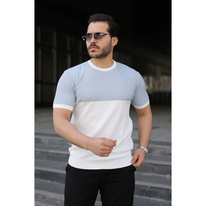 Erkek Renk Bloklu Bisiklet Yaka Kısa Kollu Triko Tişört