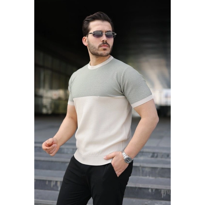 Erkek Renk Bloklu Bisiklet Yaka Kısa Kollu Triko Tişört