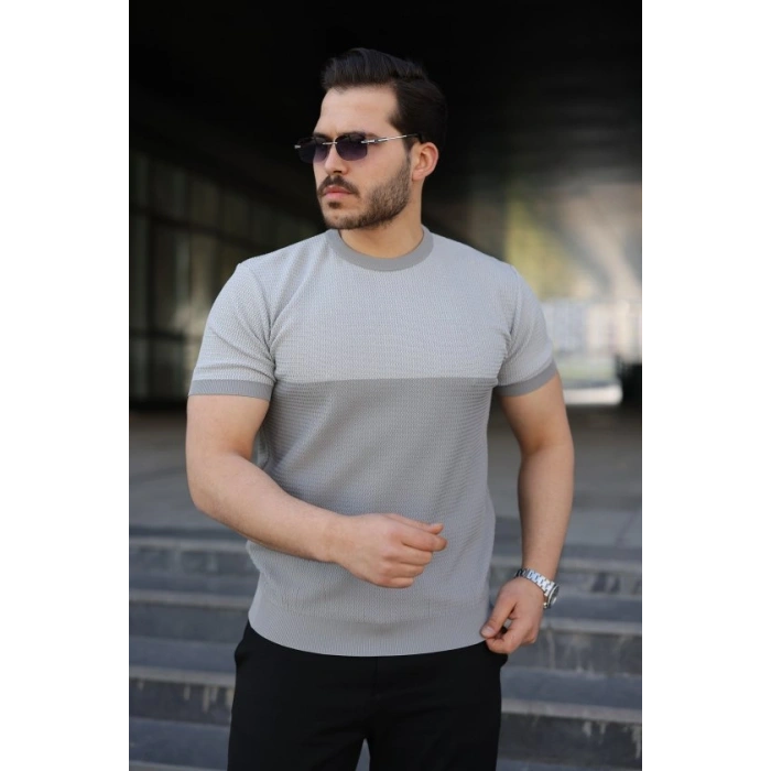 Erkek Renk Bloklu Bisiklet Yaka Kısa Kollu Triko Tişört