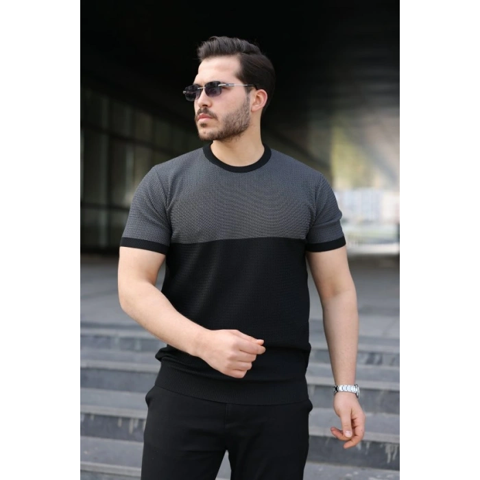 Erkek Renk Bloklu Bisiklet Yaka Kısa Kollu Triko Tişört