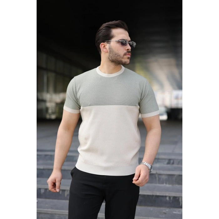 Erkek Renk Bloklu Bisiklet Yaka Kısa Kollu Triko Tişört