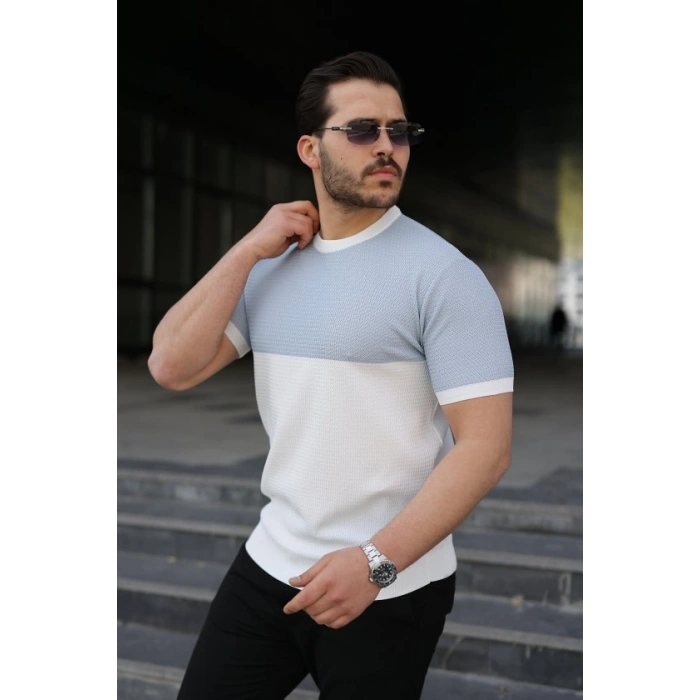 Erkek Renk Bloklu Bisiklet Yaka Kısa Kollu Triko Tişört