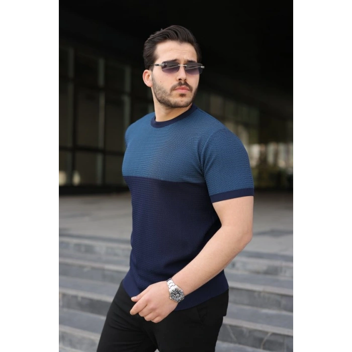 Erkek Renk Bloklu Bisiklet Yaka Kısa Kollu Triko Tişört