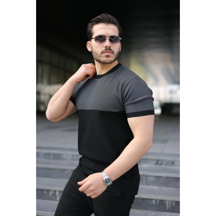 Erkek Renk Bloklu Bisiklet Yaka Kısa Kollu Triko Tişört