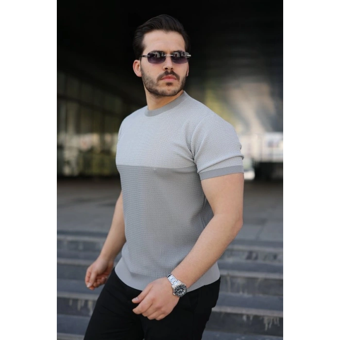 Erkek Renk Bloklu Bisiklet Yaka Kısa Kollu Triko Tişört