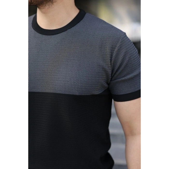 Erkek Renk Bloklu Bisiklet Yaka Kısa Kollu Triko Tişört