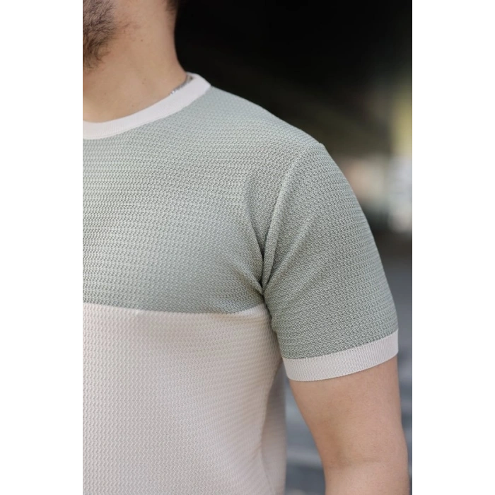 Erkek Renk Bloklu Bisiklet Yaka Kısa Kollu Triko Tişört