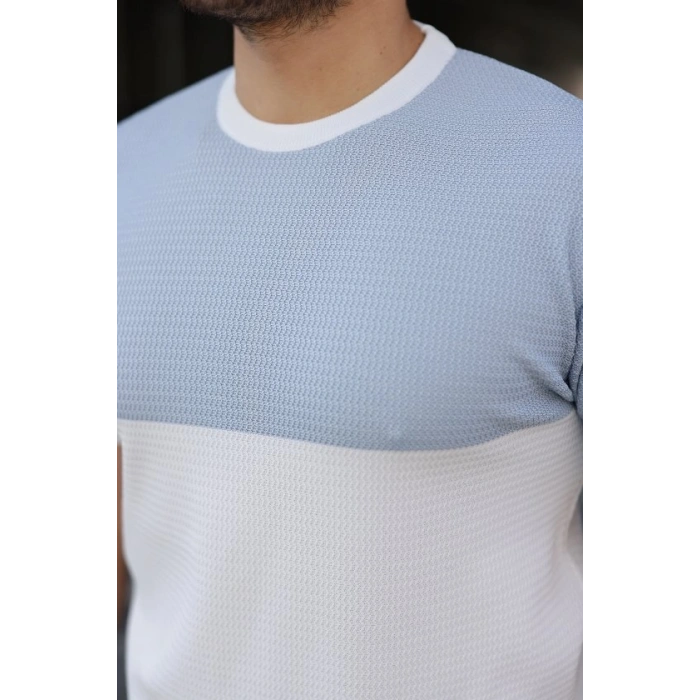 Erkek Renk Bloklu Bisiklet Yaka Kısa Kollu Triko Tişört