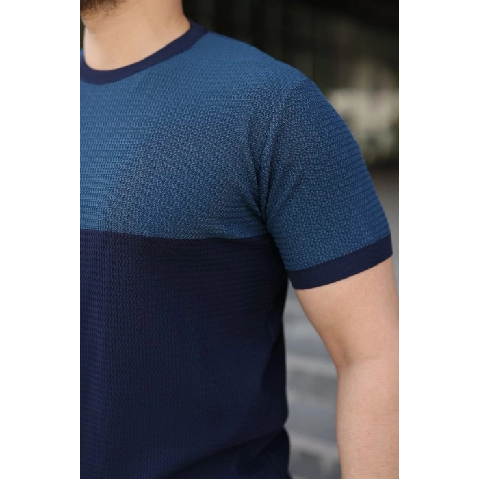 Erkek Renk Bloklu Bisiklet Yaka Kısa Kollu Triko Tişört