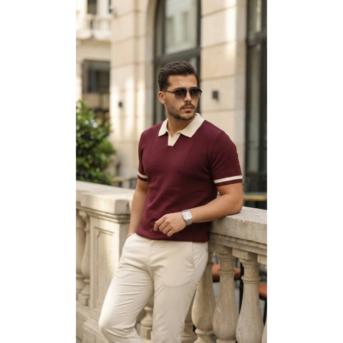 Erkek Renkli Yakalı File Desenli Kısa Kollu Tişört