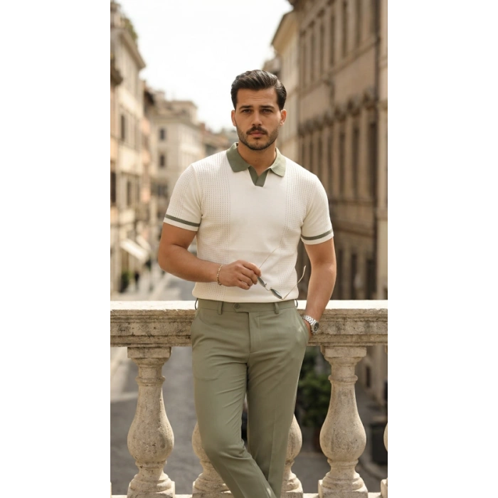 Erkek Renkli Yakalı File Desenli Kısa Kollu Tişört