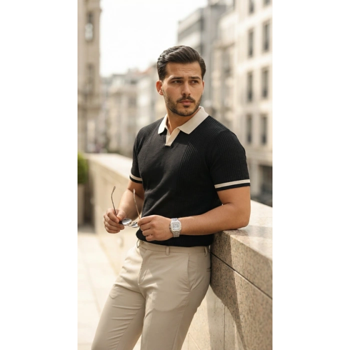 Erkek Renkli Yakalı File Desenli Kısa Kollu Tişört