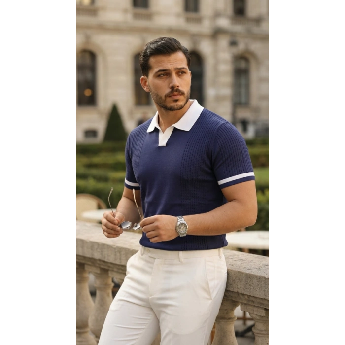 Erkek Renkli Yakalı File Desenli Kısa Kollu Tişört