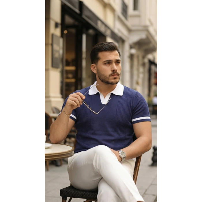 Erkek Renkli Yakalı File Desenli Kısa Kollu Tişört