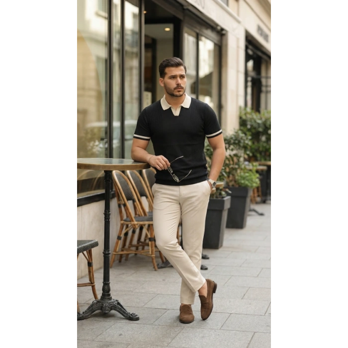 Erkek Renkli Yakalı File Desenli Kısa Kollu Tişört