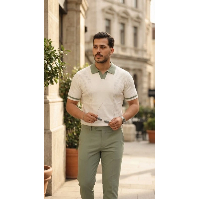 Erkek Renkli Yakalı File Desenli Kısa Kollu Tişört