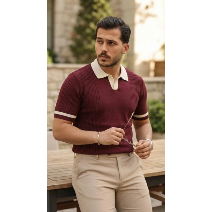 Erkek Renkli Yakalı File Desenli Kısa Kollu Tişört