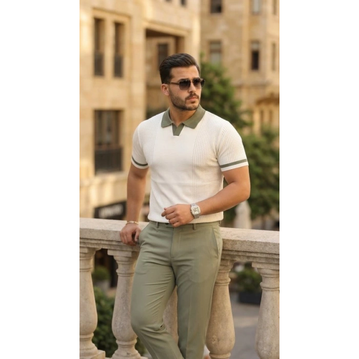 Erkek Renkli Yakalı File Desenli Kısa Kollu Tişört