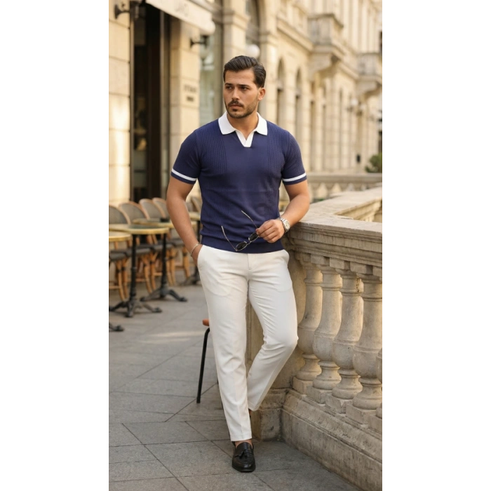 Erkek Renkli Yakalı File Desenli Kısa Kollu Tişört