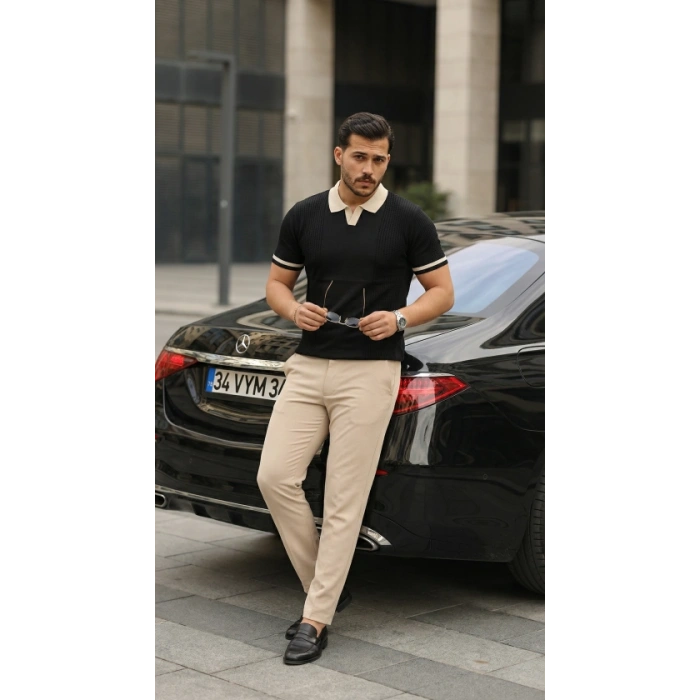 Erkek Renkli Yakalı File Desenli Kısa Kollu Tişört