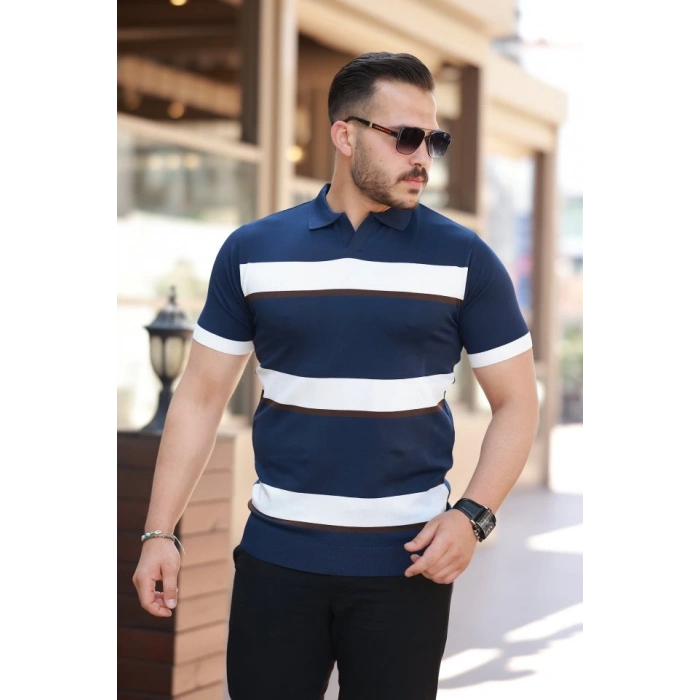 Erkek şerit Desenli Hemşire Yaka Kısa Kollu Tişört