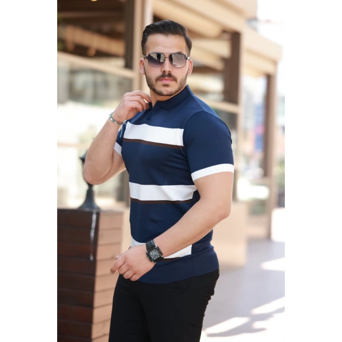 Erkek şerit Desenli Hemşire Yaka Kısa Kollu Tişört