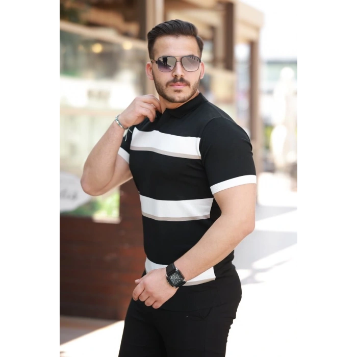 Erkek şerit Desenli Hemşire Yaka Kısa Kollu Tişört