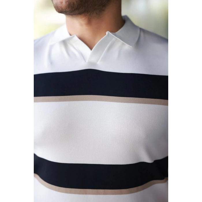 Erkek şerit Desenli Hemşire Yaka Kısa Kollu Tişört