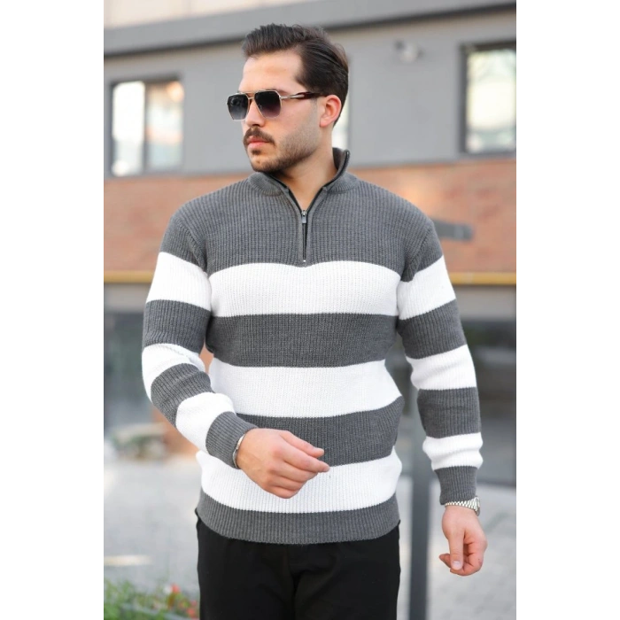 Erkek Şerit Renk Desenli Zip Yaka Kazak