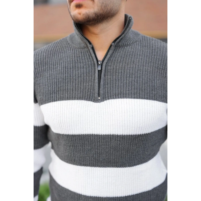 Erkek Şerit Renk Desenli Zip Yaka Kazak