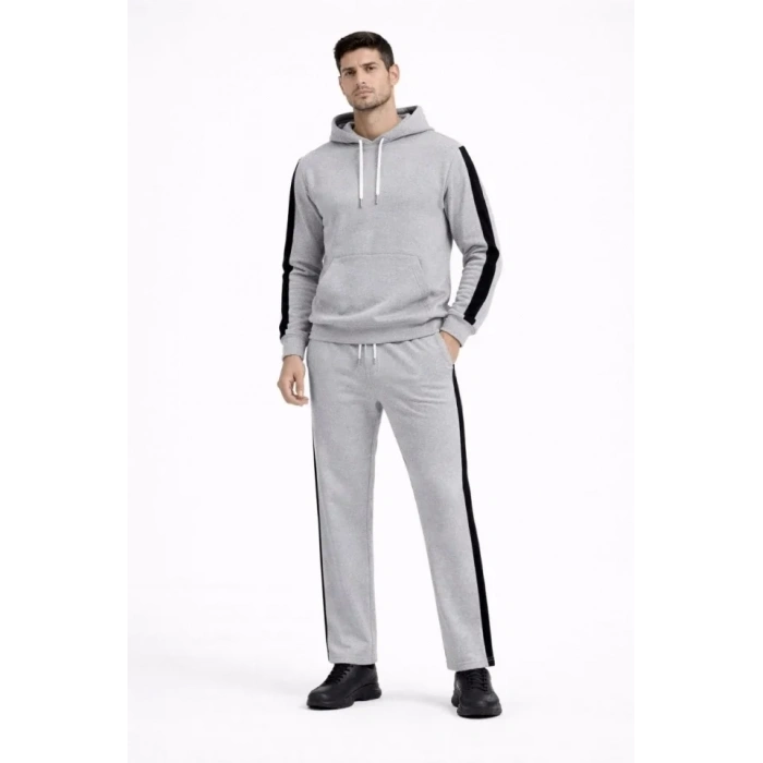 Erkek Şeritli Eşofman Takım Kapüşonlu Sweatshirt Boru Paça Alt, Oversize 3 Iplik Pamuklu - Gri