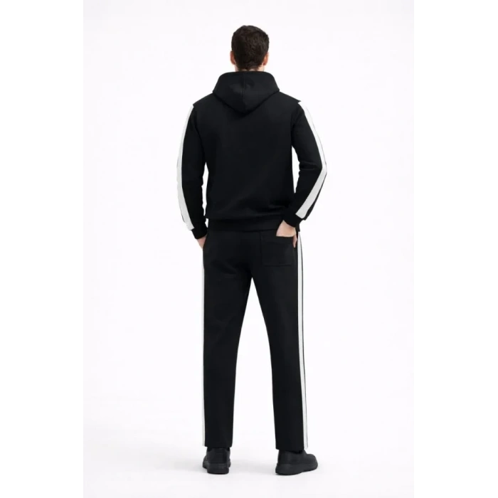 Erkek Şeritli Eşofman Takım Kapüşonlu Sweatshirt Boru Paça Alt, Oversize 3 Iplik Pamuklu - Siyah