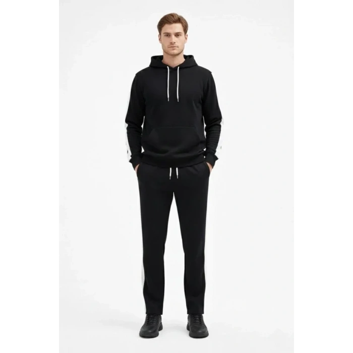 Erkek Şeritli Eşofman Takım Kapüşonlu Sweatshirt Boru Paça Alt, Oversize 3 Iplik Pamuklu - Siyah